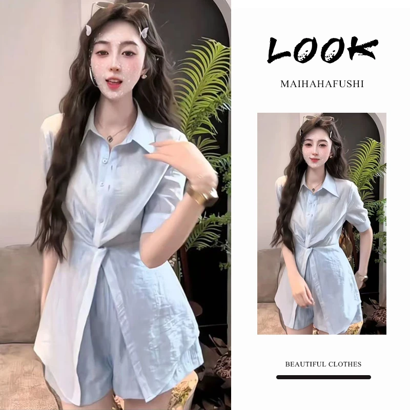 夏季时尚一整套女装2025新款爆款小清新不规则衬衫阔腿短裤两件套