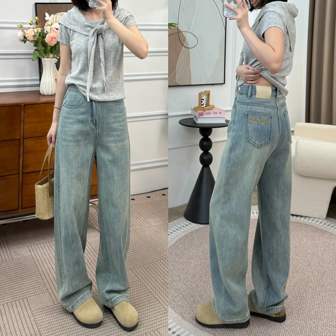 新款刺绣小个子阔腿牛仔裤女2025夏季宽松显瘦时尚休闲百搭直筒裤
