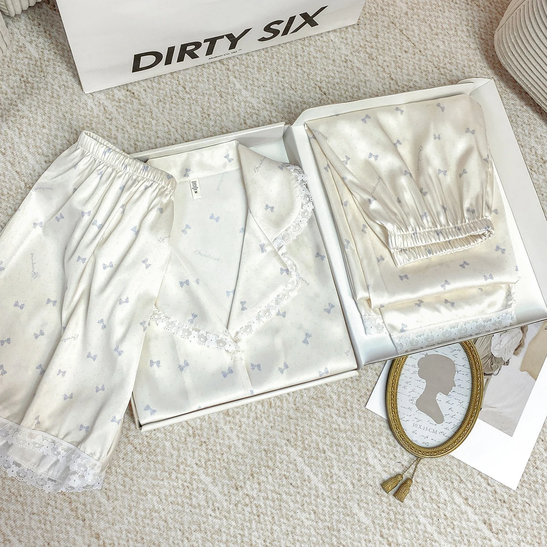 达芬奇密码女士睡衣蕾丝蝴蝶结2025高级睡衣新款夏大码短袖三件套