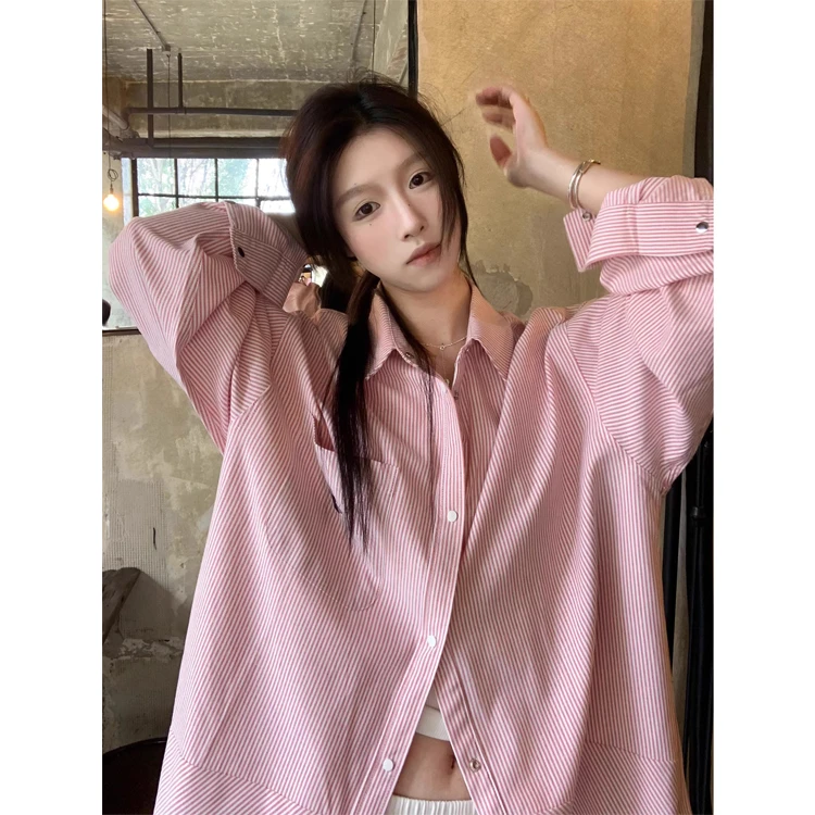 粉色条纹衬衫女慵懒风2025韩系宽松休闲刺绣衬衣长袖防晒上衣外套