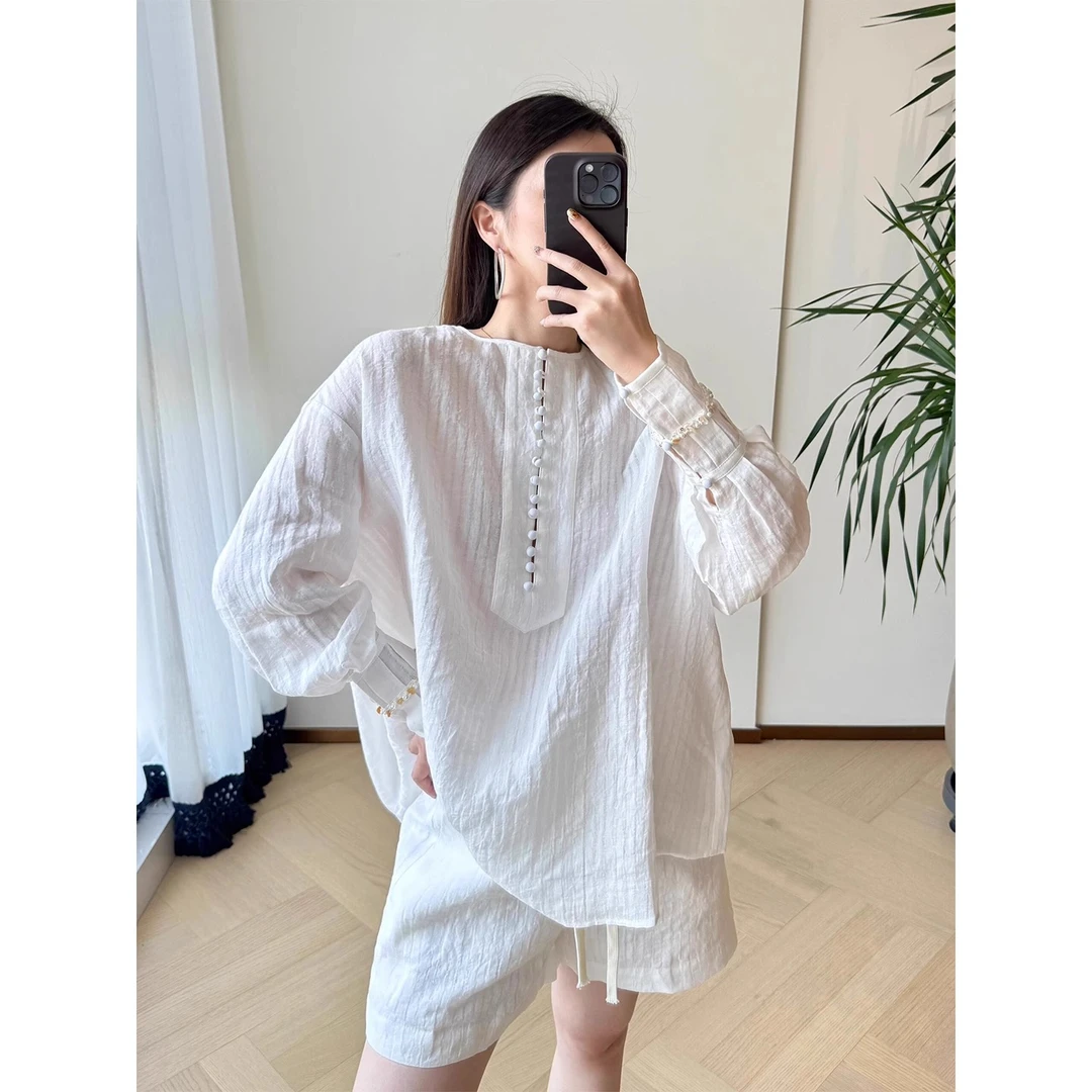 浪漫南法风亚麻衬衫套装女夏时尚气质宽松琴褶无领衬衣短裤两件套