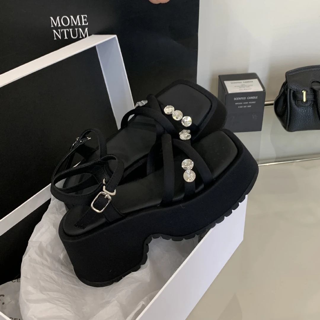 A163-70~2025年夏季新款方头露趾法式松糕厚底坡跟罗马凉鞋女