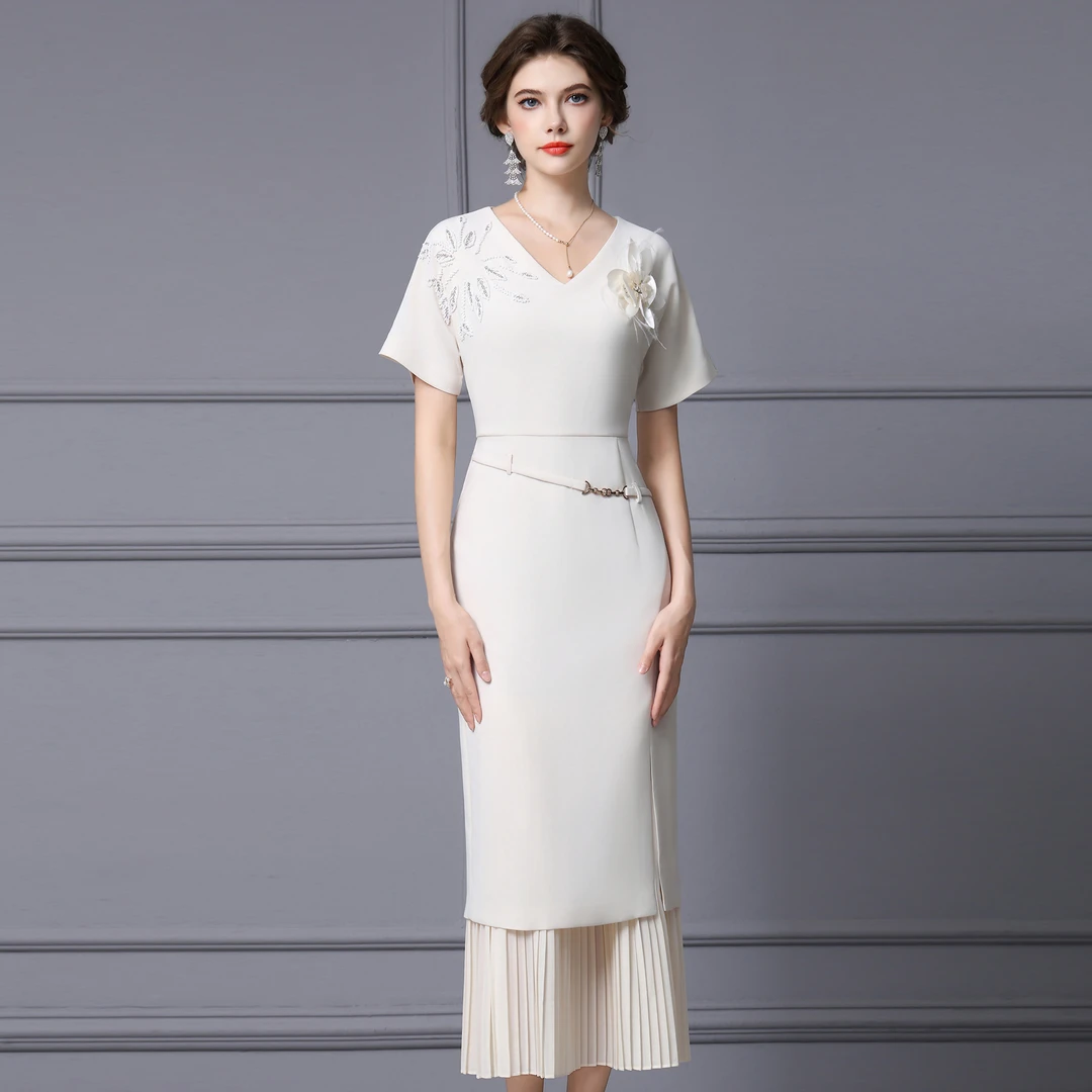 枝荔重要场合漂亮连衣裙上流社会高档优雅气质精致钉钻白色长裙子