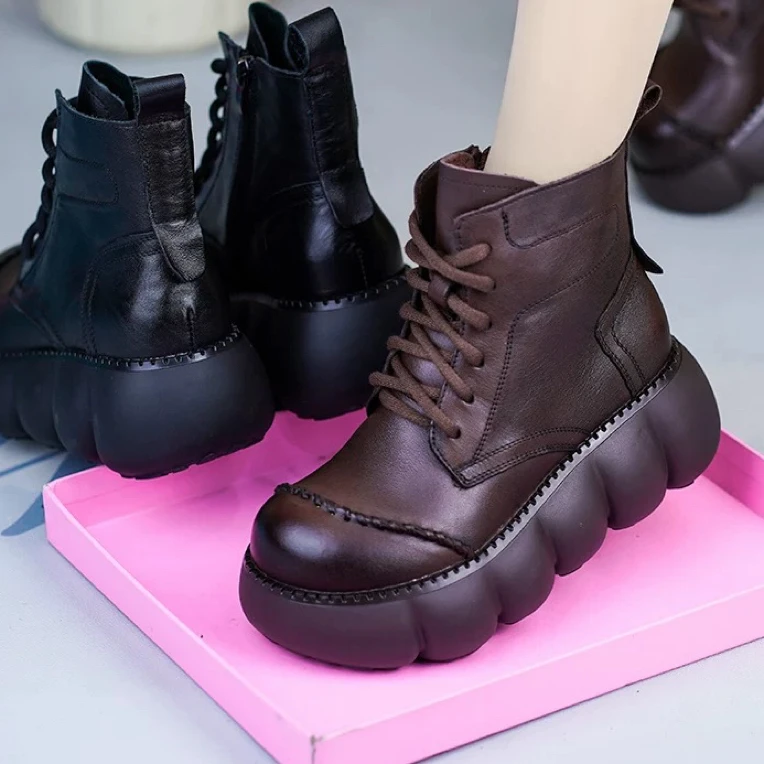 真皮时尚厚底羊毛马丁靴秋冬加绒保暖增高皮靴系带牛皮女靴妈妈鞋