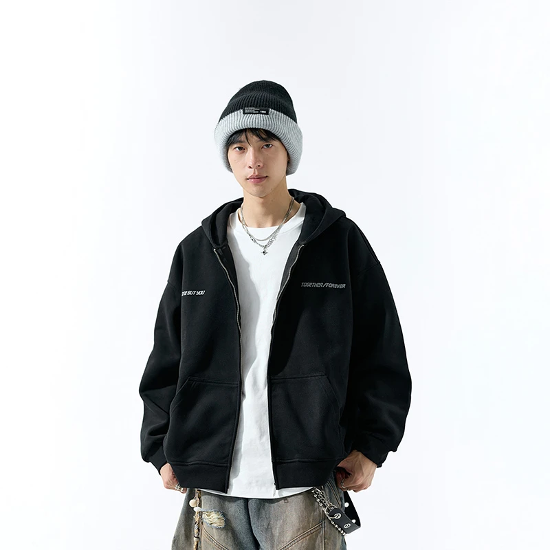 450G云绒重磅开衫拉链卫衣男秋季加厚美式宽松潮牌印花连帽衫外套