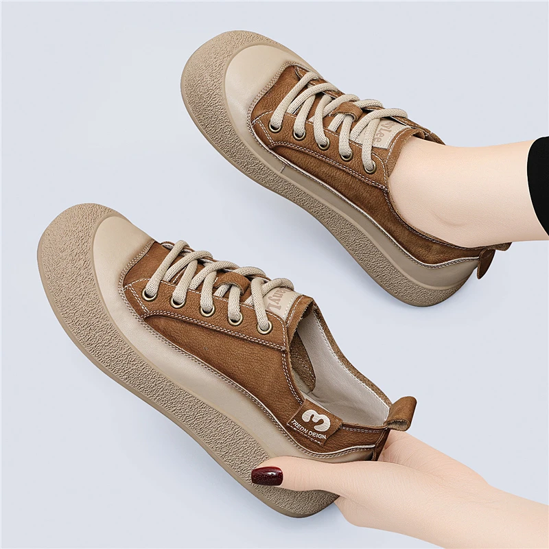 头层牛皮2025年春秋季新款复古女鞋真皮运动休闲软底防滑厚底板鞋