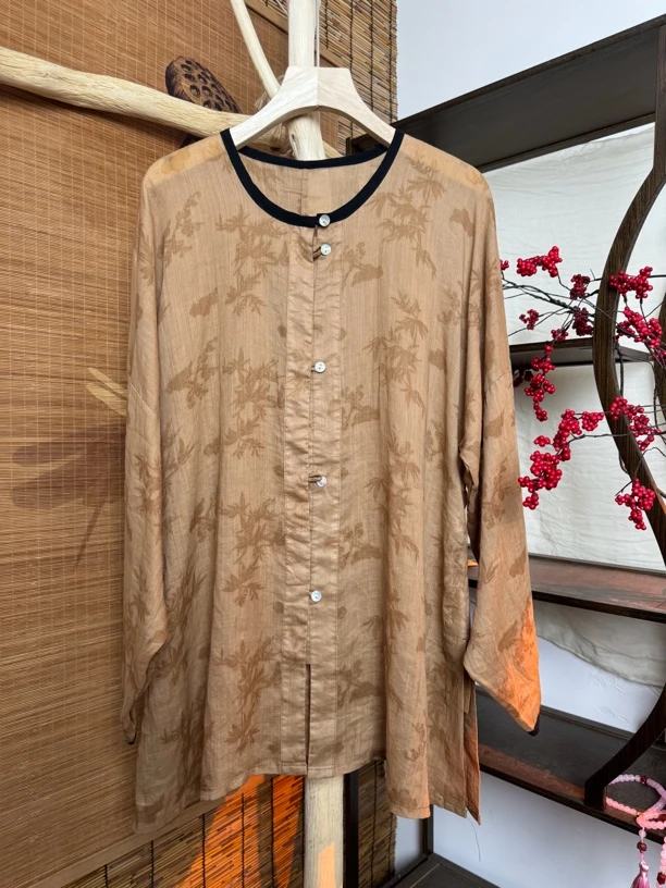 ［淇淇推荐］新中式苎麻印花贝壳扣长袖防晒衬衣（衣长70 胸围120）