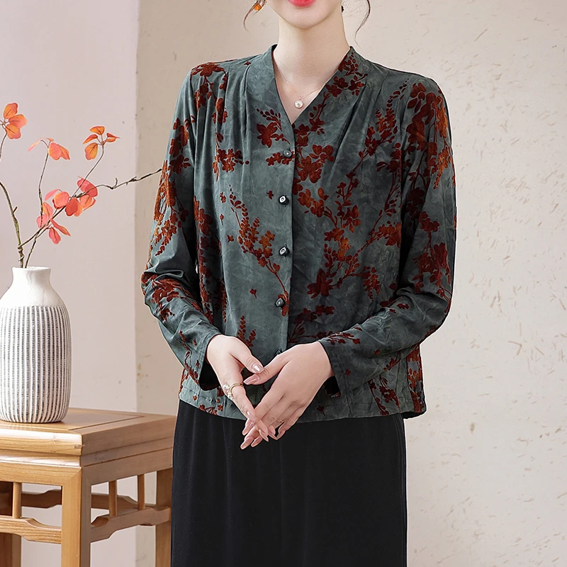 妈妈秋装端庄大气上衣2025新款中老年人女装春秋印花长袖衬衫小装
