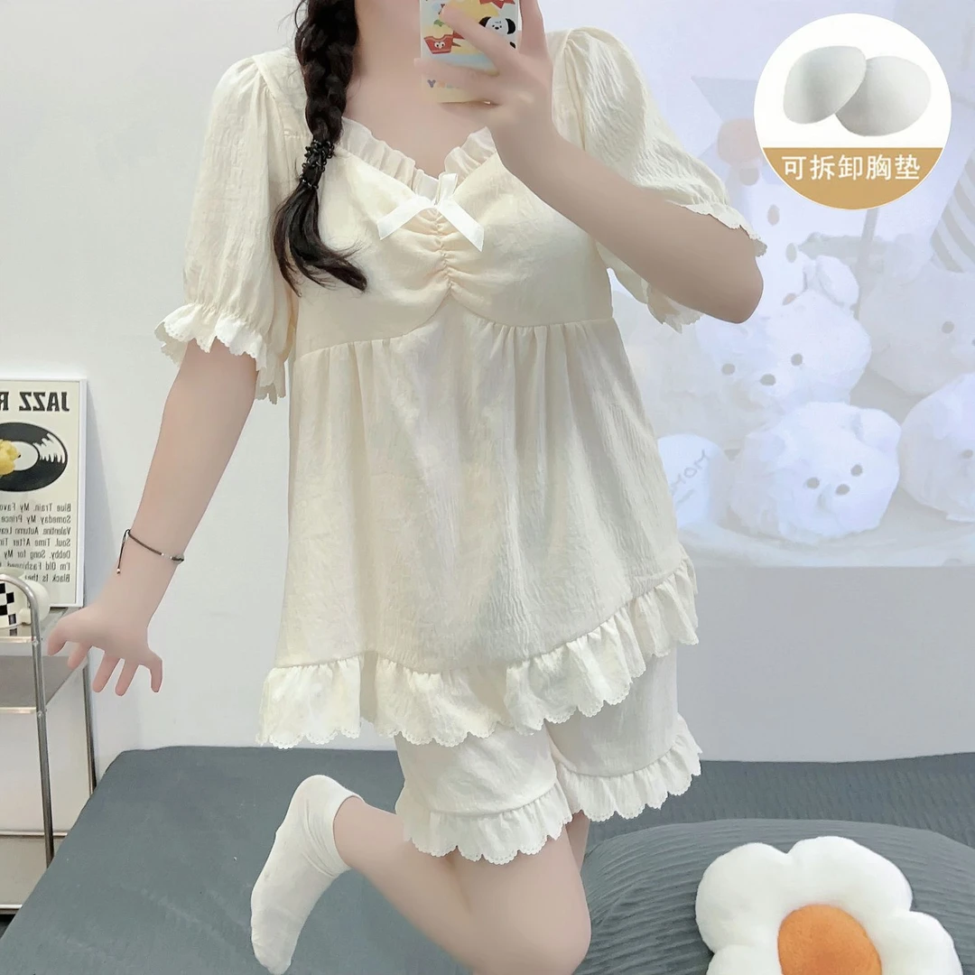 睡衣女夏季宽松薄款短袖套装带胸垫女士甜美可爱可外穿新款家居服