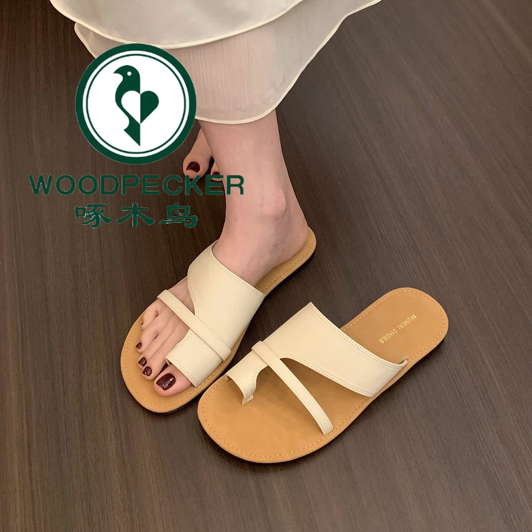 啄木鸟复古套趾拖鞋女外穿2025夏季新款小众平底软底沙滩凉拖凉鞋