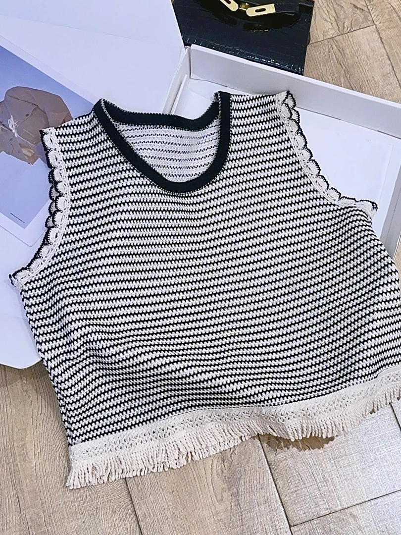琳心丨夏季新款黑白条纹无袖短款针织背心 HM9671