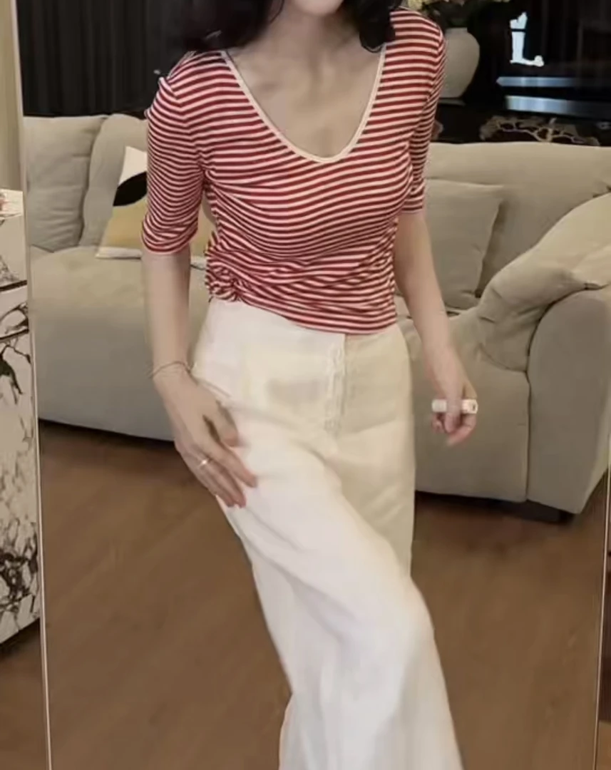 夏季新款条纹撞色休闲百搭时尚女装