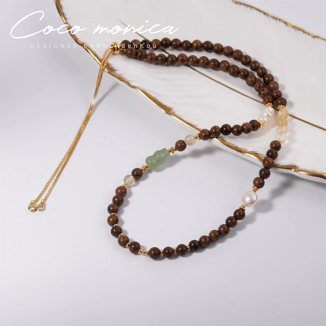 【小霞珠宝】珍珠项链玉髓葫芦相思木气质编织简约中古精美 AE117