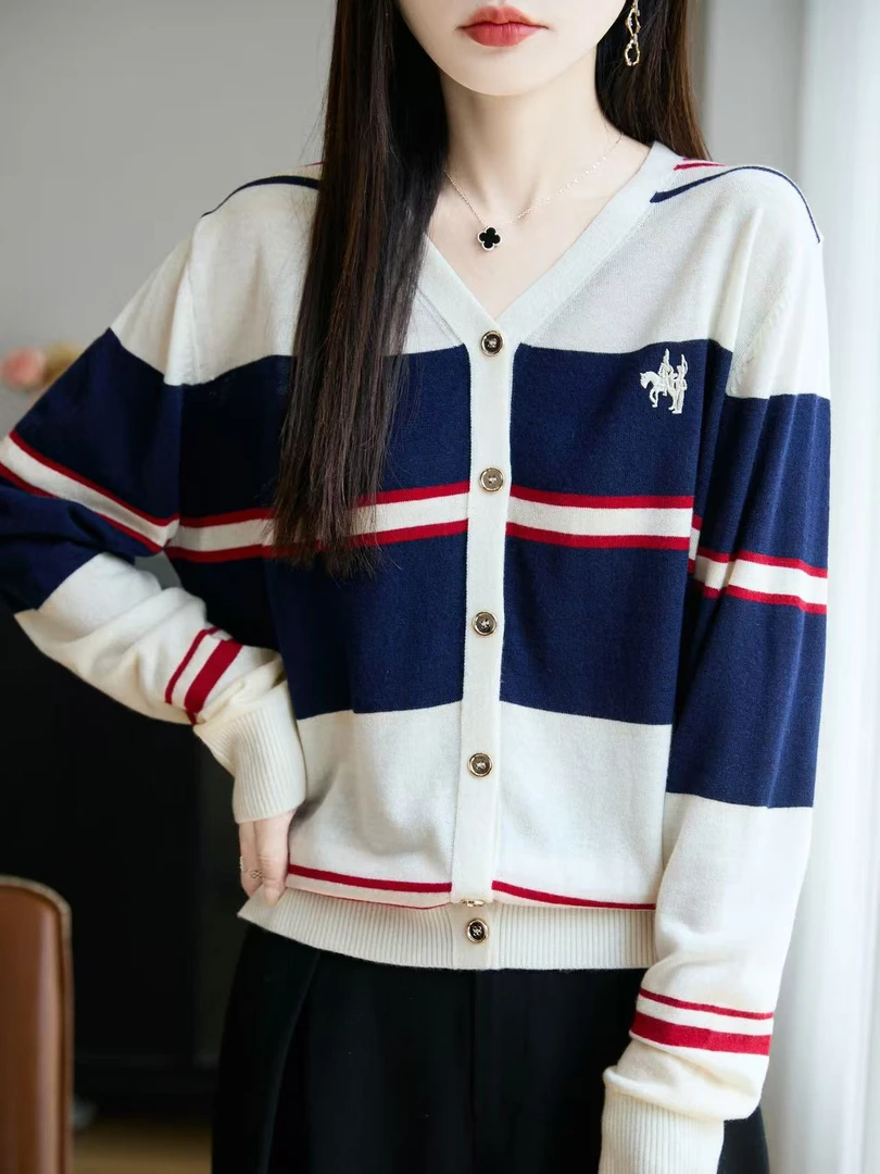 秋季新款时尚百搭宽条撞色V领针织开衫精仿羊毛长袖~NJR203