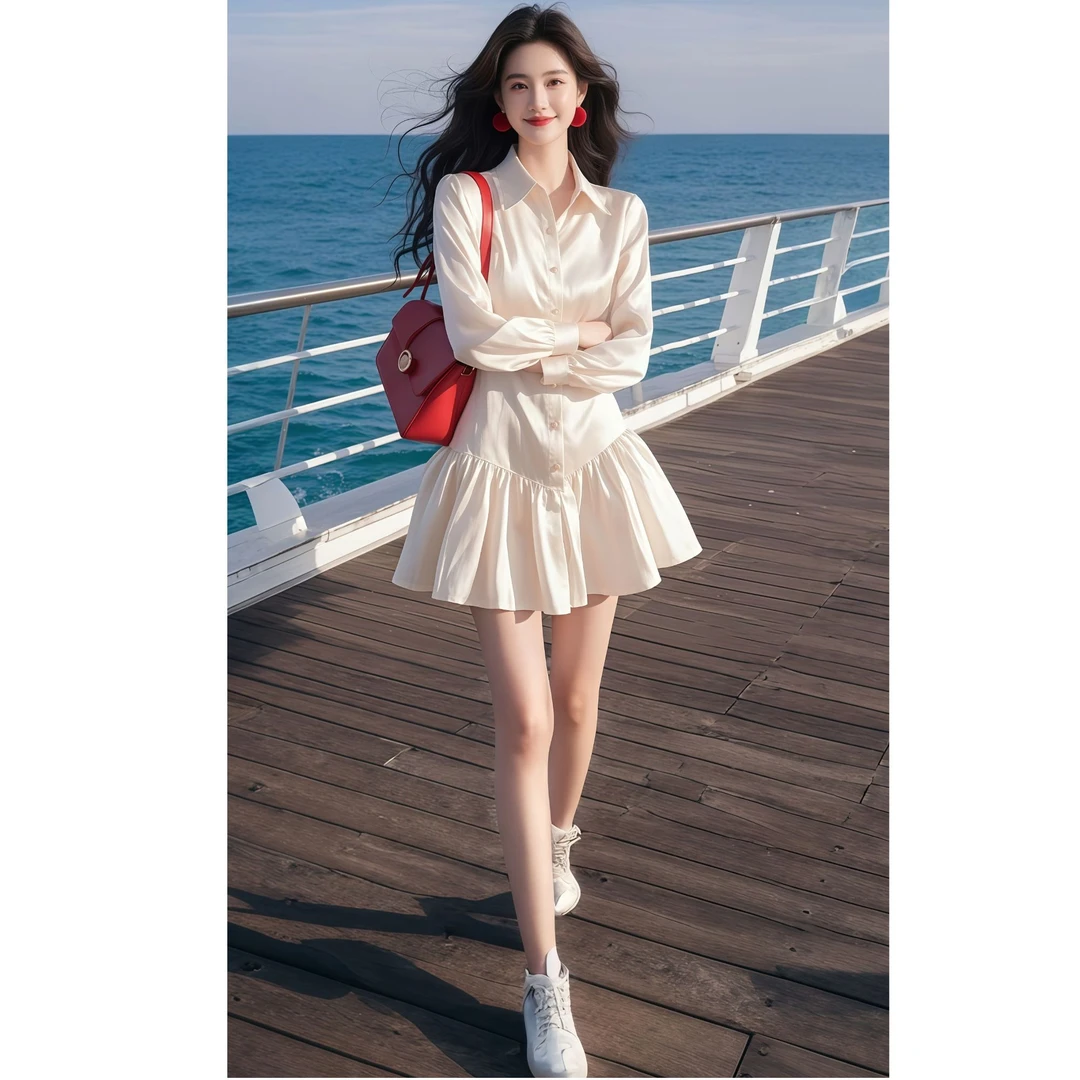 2025春季今年爆款miu里miu气穿搭高级感气质千金风白色缎面连衣裙