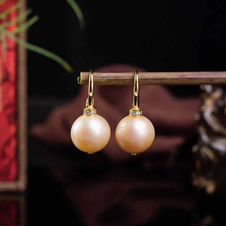 珍珠耳饰【宝陀明月】天然金色淡水珍珠无核正圆优雅百搭旗袍搭配