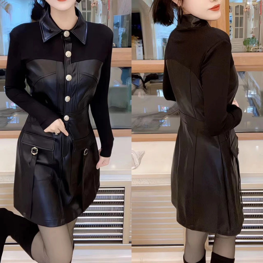 POLO领H型长袖秋冬拼接连衣裙时尚洋气翻领气质连衣裙