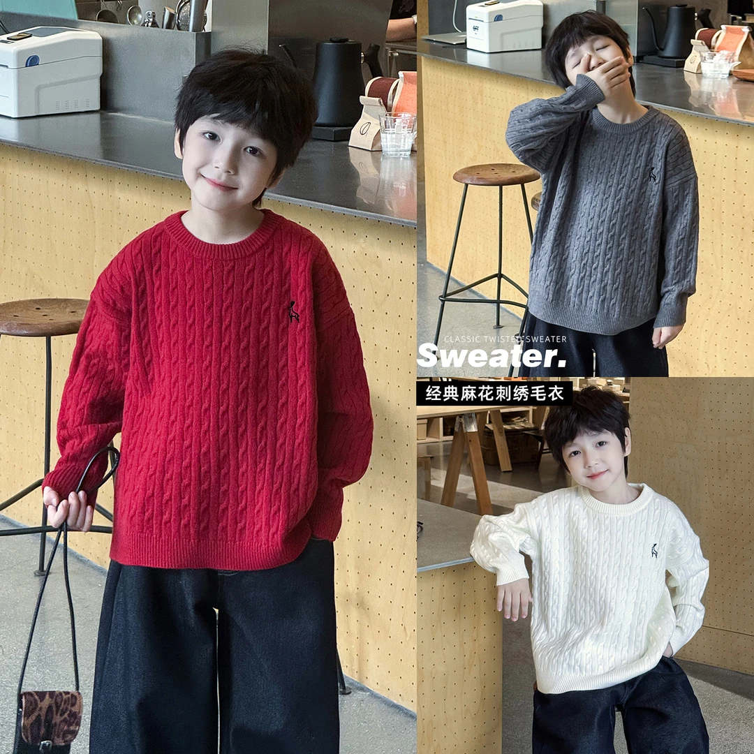 棉小班童装冬款百搭小鹿刺绣针织衫圆领加厚麻花毛衣AMY5023