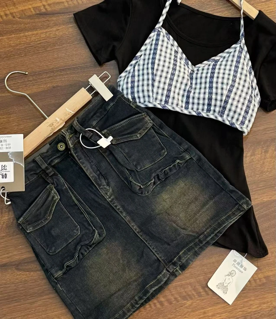 1505美式复古牛仔裤裙女2025春夏新款辣妹显瘦a字包臀短裙