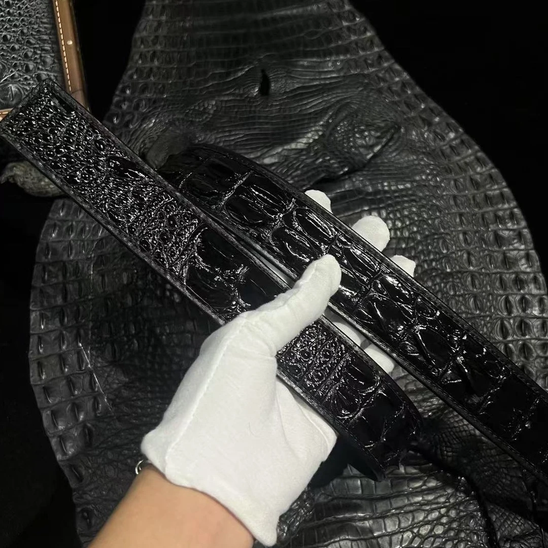 黑色打孔扣真皮稀有鳄鱼皮商务男士