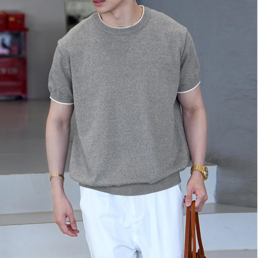 『暮染夏霜 简约通透』轻奢慵懒老钱风百搭针织衫男士短袖T恤夏装