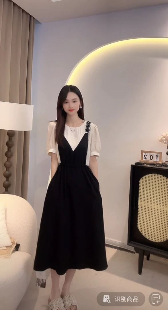 大码假两件抽绳设计别致连衣裙女夏季遮肉显瘦小黑裙子D2227