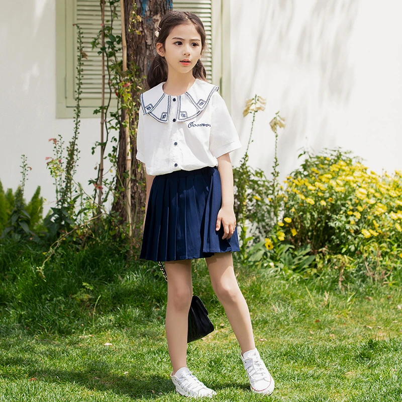 女童套装2025中小学生百褶裙儿童短袖衬衫童装女JK裙子两件套671