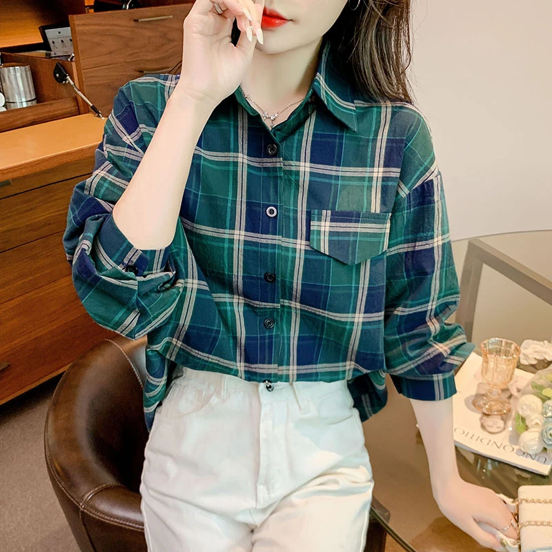 格子女士衬衣2025年新款港味小个子纯棉衬衫百搭休闲长袖洋气上衣