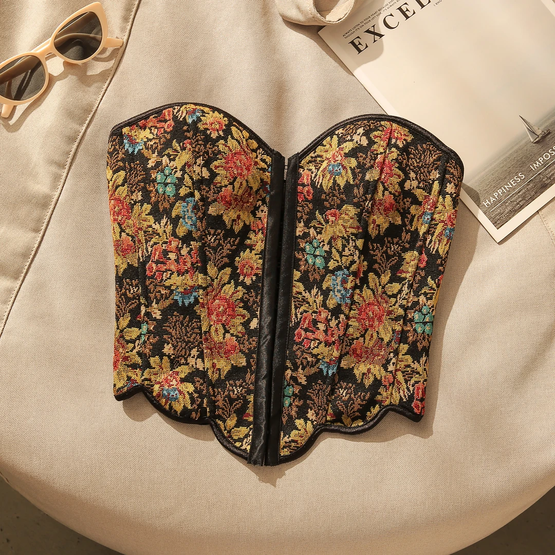 法式宫廷提花鱼骨胸衣吊带背心女夏绑带修身内搭打底美背抹胸上衣