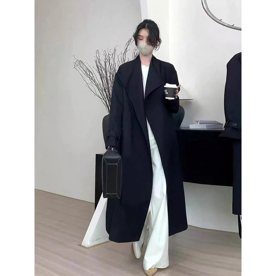 【锦衣服饰】XYJ 1085韩系过膝系带大翻领长款风衣