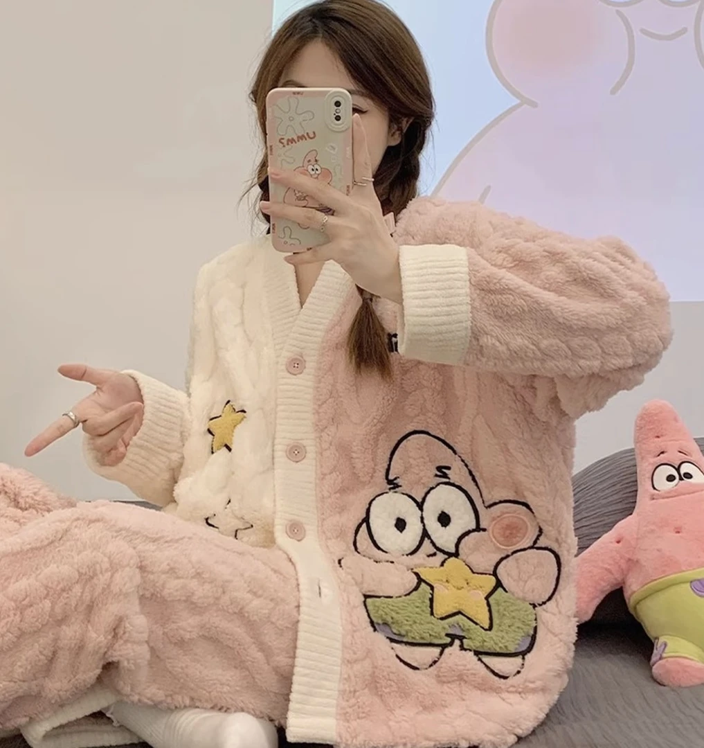 派大星新款珊瑚绒睡衣女秋冬季ins可爱卡通冬天可外穿保暖家居服