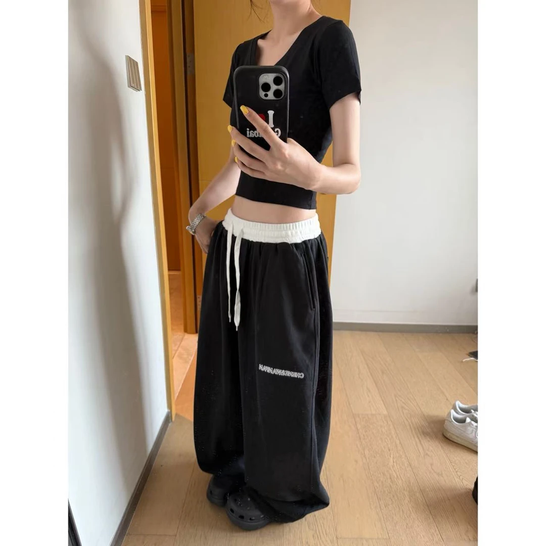 “清仓款”韩版拼色腰头阔腿卫裤新款宽松休闲抽绳运动裤041