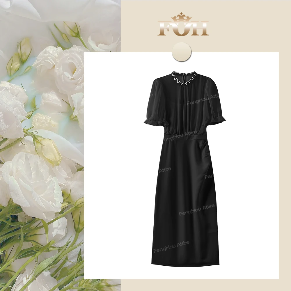 【封后轻奢设计】夏季气质法式珍珠领薄纱袖优雅女神连衣裙6135