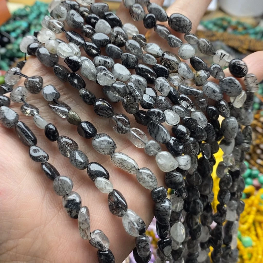 玛瑙/玉髓未镶嵌珠宝半成品一条天然黑发晶随行6-7mm