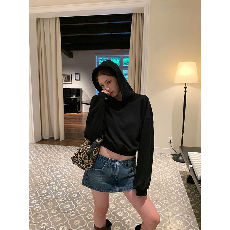 美式复古宽松慵懒风百搭连帽纯色卫衣秋季新款高腰牛仔裙裤两件套