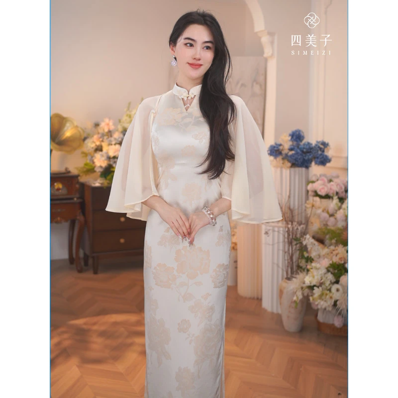 四美子【云纱】新款爆款新中式提花缎披肩旗袍裙外出优雅连衣裙
