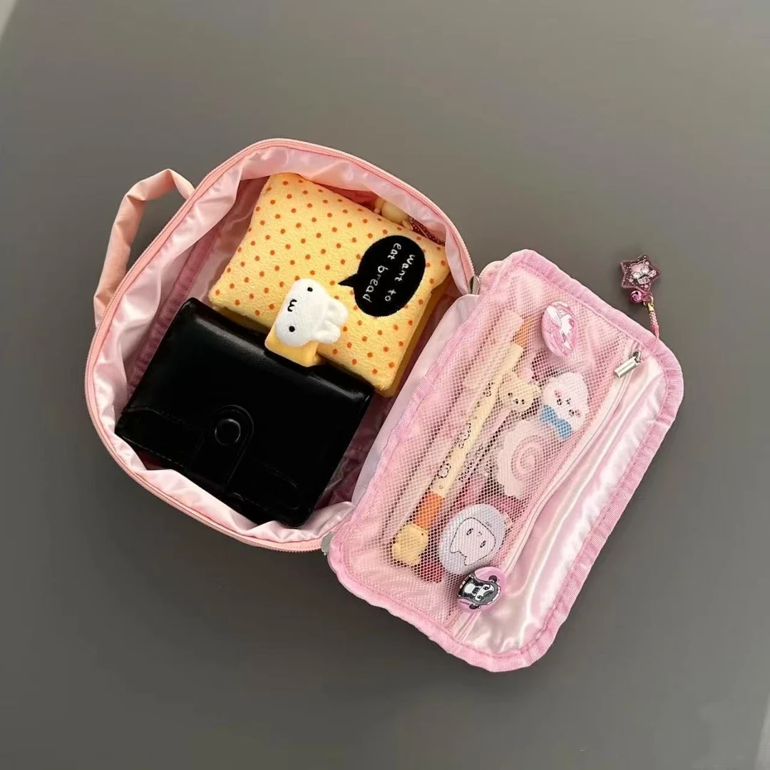 新款ins开心猫粉色化妆收纳便携化妆包便携式大容量旅行洗漱包yw