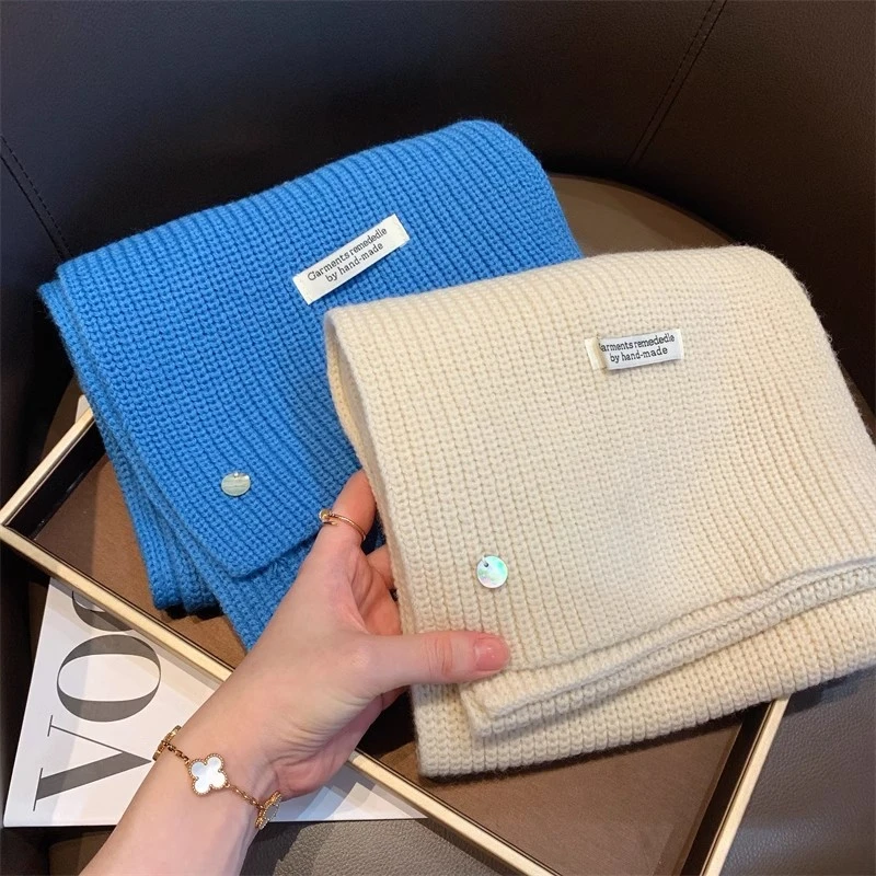 新款贝壳扣围巾绵羊毛针织纯色围巾小众百搭高级感加厚情侣围脖