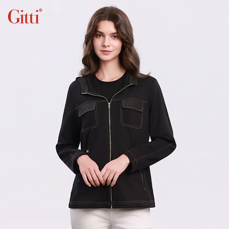 吉蒂GITTI冬季新款外套女连帽拉链开衫百搭风衣上衣G255464