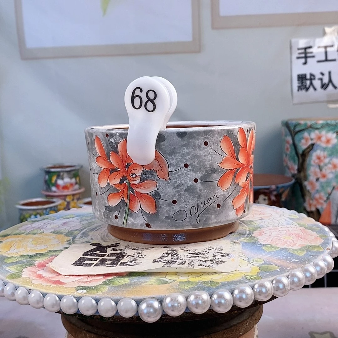 紫砂花盆红陶手绘花盆