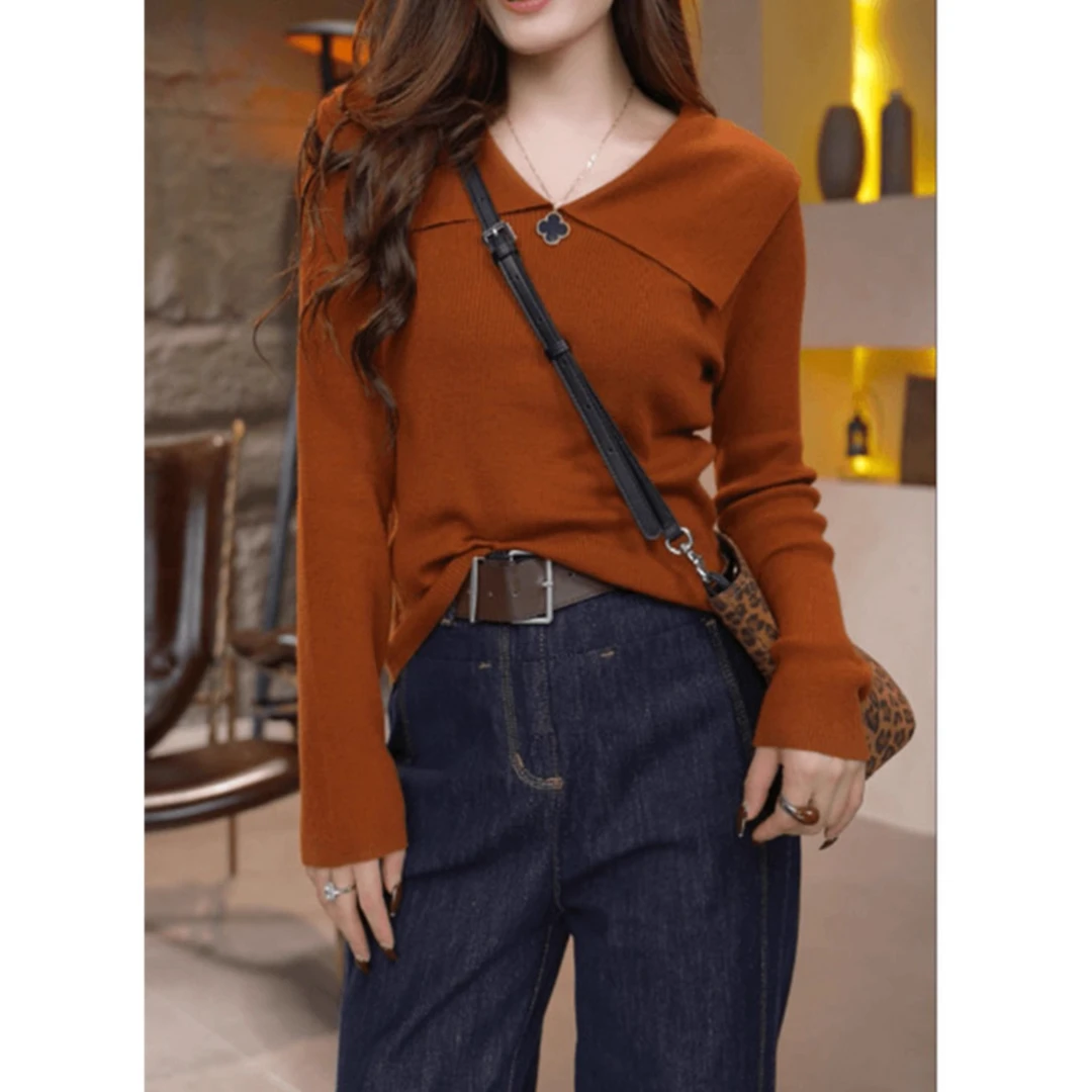 设计感翻领针织衫女2025年秋季新款时尚修身百搭显瘦气质打底上衣