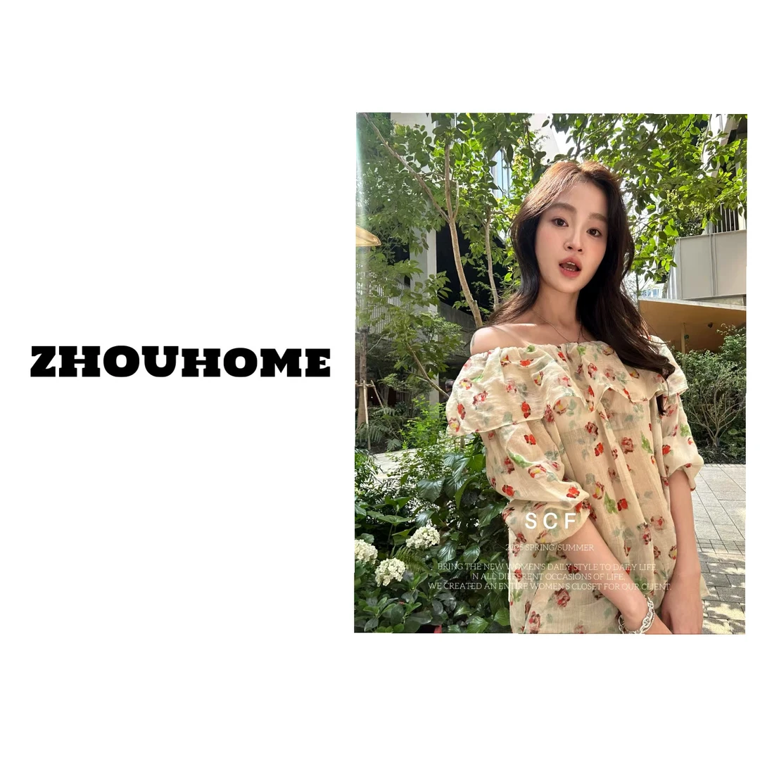 【周周服饰】深圳南油小众设计师款一字肩花色小衫女夏季2025新款
