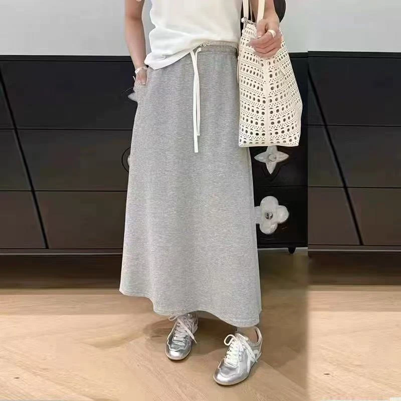 2528裙#日常简约~抽绳拼接木耳边高腰休闲半身裙