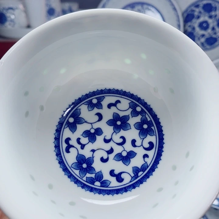 青花玲珑5寸饭碗紫荆花无花