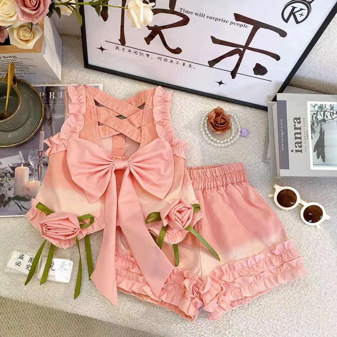 M女孩牛仔套装甜美夏季新款粉色牛仔女宝洋气无袖儿童套装80757