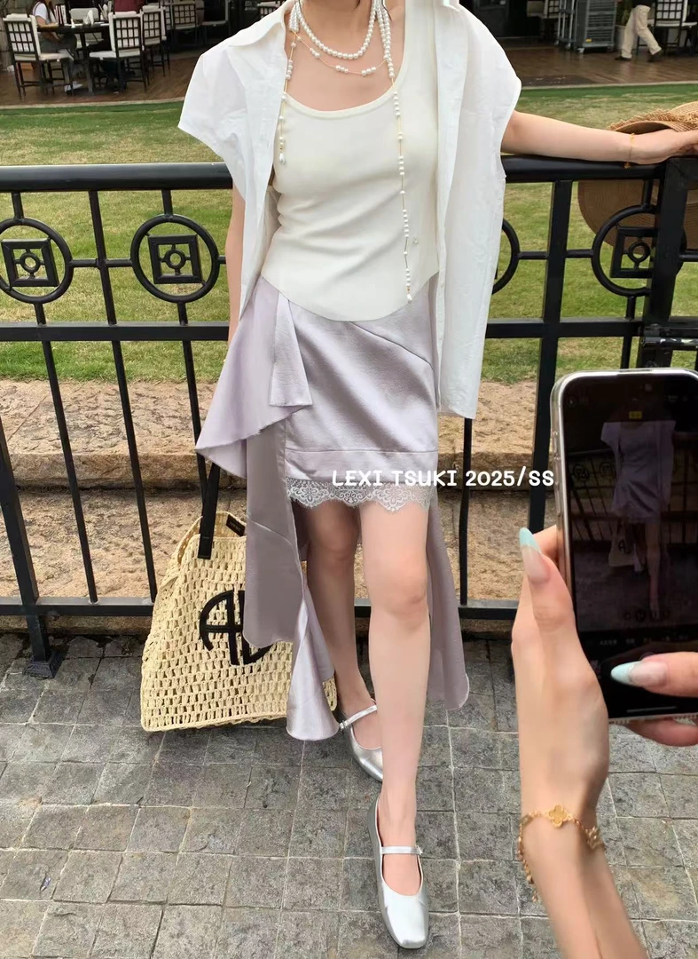 LEXI福秒（9LX7785#）不规则剪裁 小众蕾丝花边拼接半身裙9-626