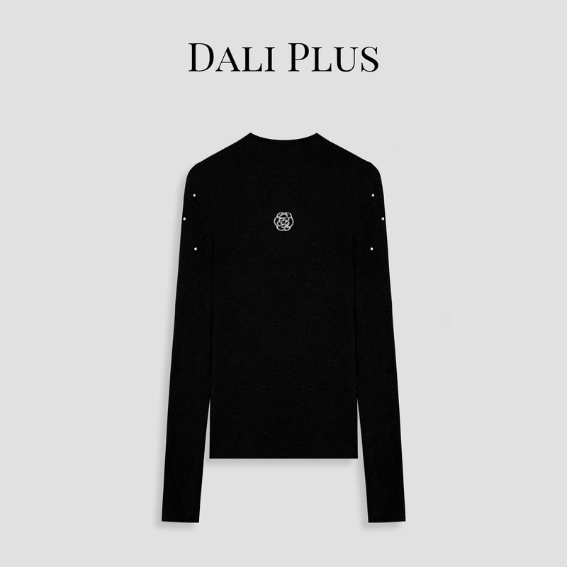 DALI PLUS烫钻玫瑰修身显瘦打底衫半高领内搭针织上衣-D4YW0364