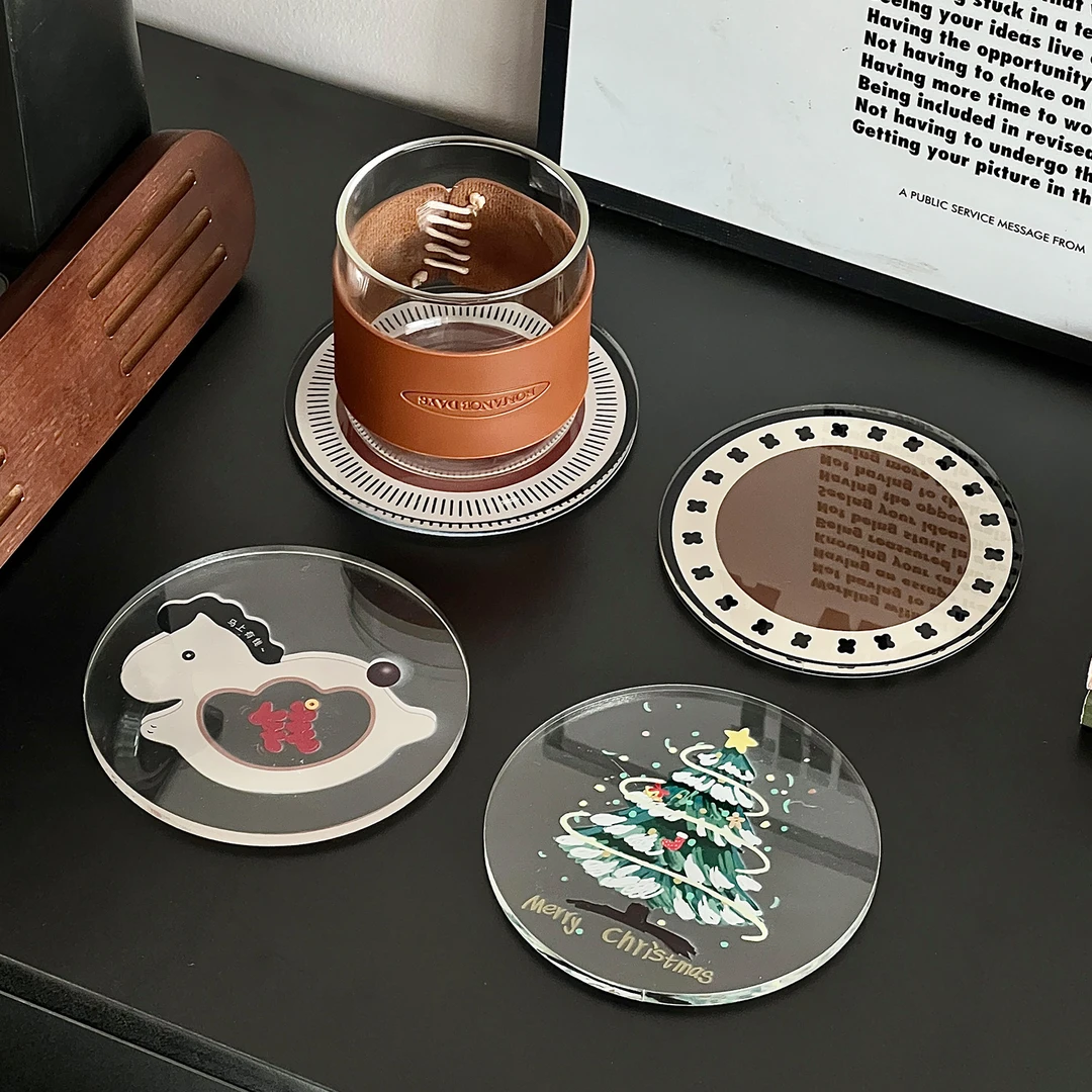 马年元旦亚克力水杯垫加厚隔热垫创意造型圣诞树马上有钱杯垫