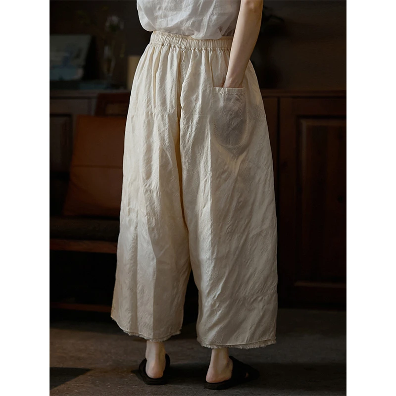 夏季文艺i复古原创休闲润牙色柞蚕丝轻薄松紧腰女九分阔腿裤