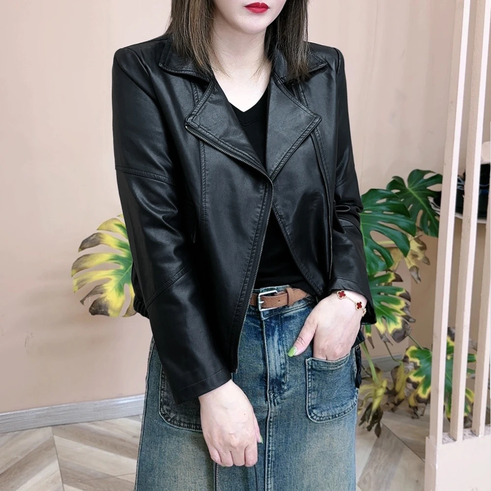 2025秋季新品时尚百搭女士显瘦休闲西装领皮衣洋气上衣外套7703